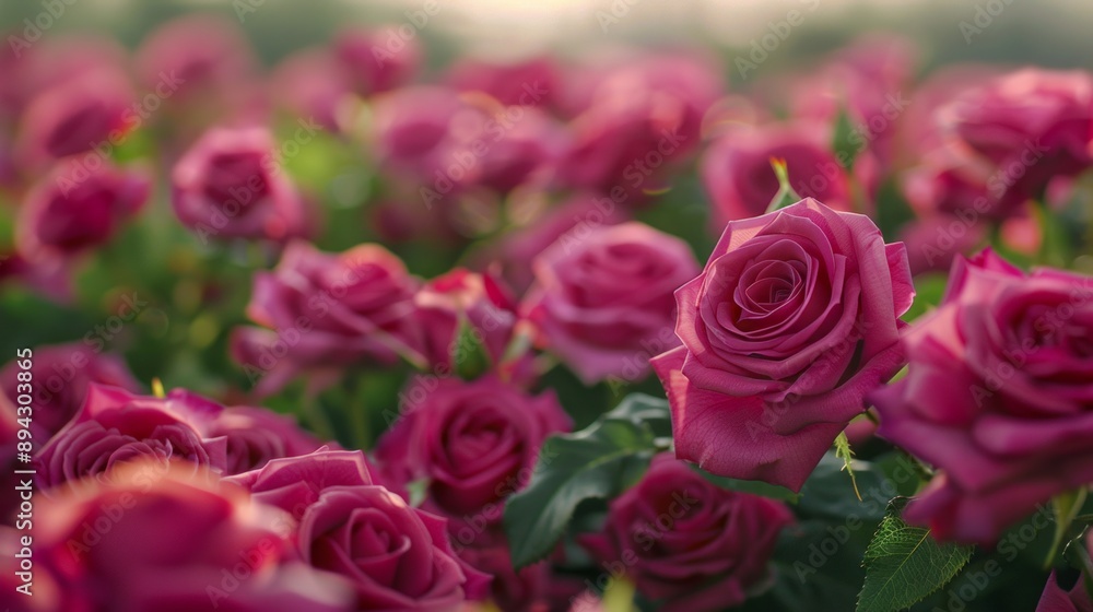 Vibrant pink rose garden blooming under soft sunlight. Aesthetic nature scene capturing the essence of romance and beauty. Ideal for nature lovers and floral enthusiasts. AI