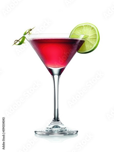 Red Cocktail with Lime Garnish in Martini Glass