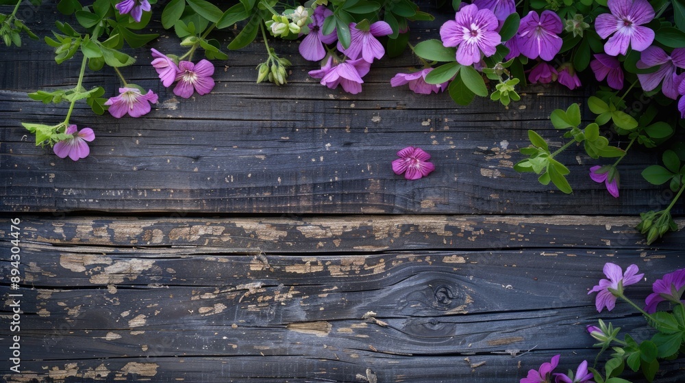 Copy space with lilac meadow geranium on wooden board background Copy space with lilac meadow geranium on wooden board background