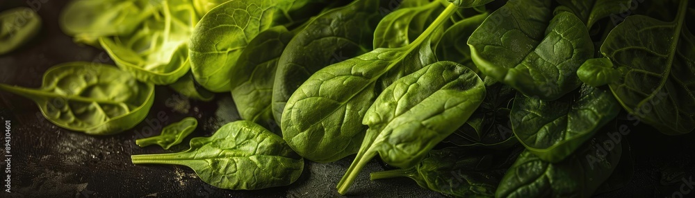 Fototapeta premium Fresh spinach leaves on a dark surface, showcasing lush, vibrant greens ideal for salads, cooking, and healthy eating concepts.