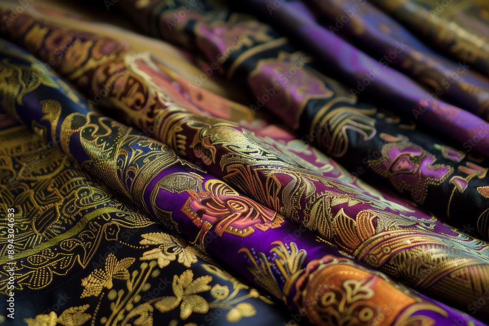 The intricate patterns and vibrant colors of brocade fabric, highlighting the raised designs that are often made with silk and metallic threads - Generative AI The intricate patterns and vibrant colors of brocade fabric, highlighting the raised designs that are often made with silk and metallic threads - Generative AI