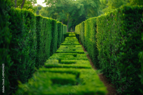 Wallpaper Mural A classic hedge maze in a historical or estate garden, focusing on the tall, manicured hedges that form the maze's walls - Generative AI Torontodigital.ca