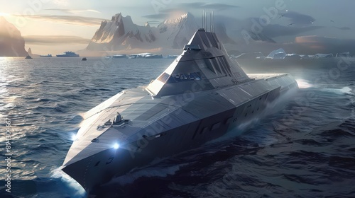 Fototapeta Naklejka Na Ścianę i Meble -  Highlight a futuristic naval destroyer with laser defense systems and electromagnetic railguns, showcasing cutting-edge military technology at sea