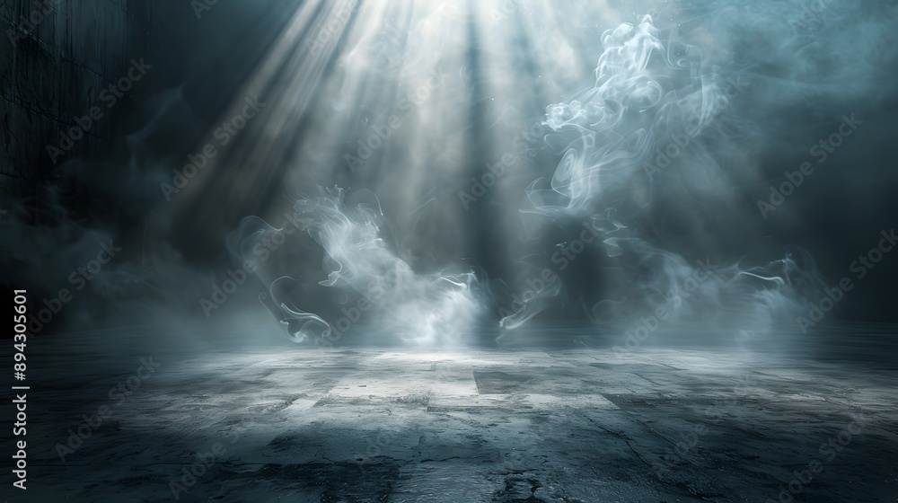 Fototapeta premium A dramatic, misty environment illuminated by beams of light creates a mystical atmosphere. 