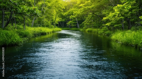 A serene river winds through lush greenery, reflecting sunlight and offering a tranquil escape into nature.
