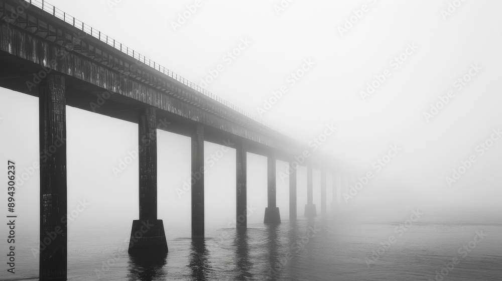 A large bridge shrouded in a thick mist, making it difficult to see. A large bridge shrouded in a thick mist, making it difficult to see.
