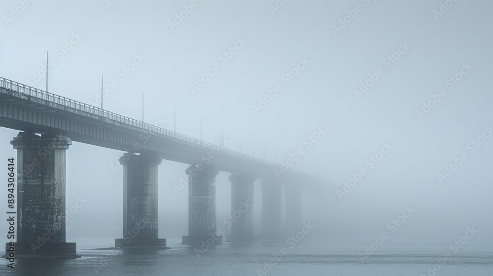 A large bridge shrouded in a thick mist, making it difficult to see. A large bridge shrouded in a thick mist, making it difficult to see.