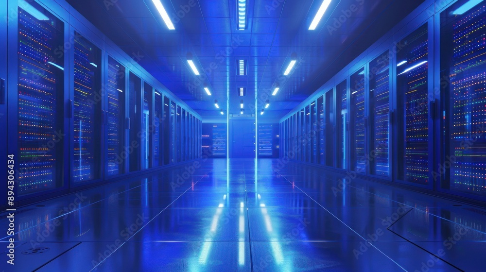 A brightly lit server room with rows of computer servers lining a long corridor A brightly lit server room with rows of computer servers lining a long corridor
