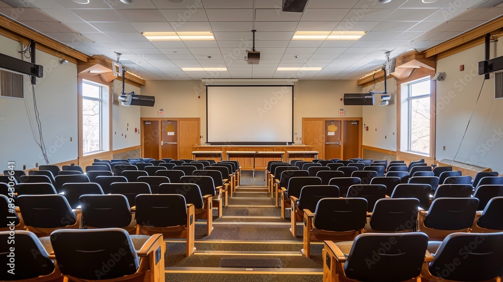 Naklejka premium Empty lecture hall with several rows of seats and a screen