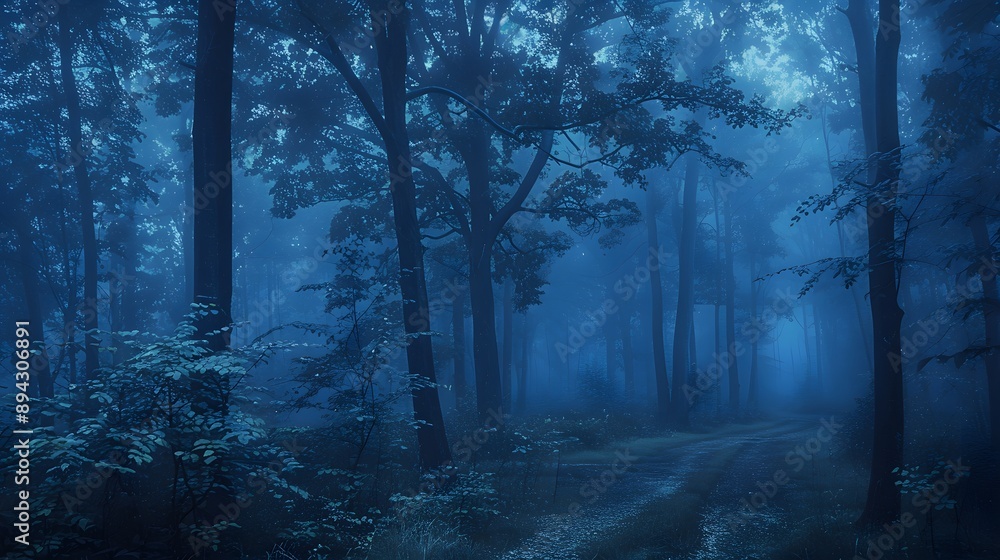 Fototapeta premium A serene and mystical forest scene shrouded in blue mist, inviting exploration and contemplation.