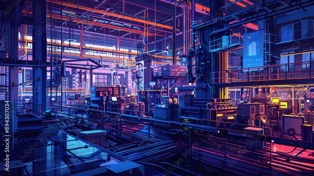 Fototapeta premium A vibrant digital painting of a modern factory industry, capturing the essence of manufacturing and production. The illustration includes rows of automated assembly lines, intricate mechanical