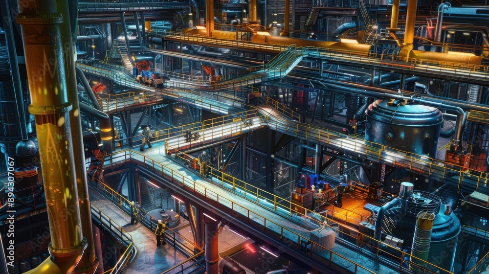 A detailed digital illustration of an industrial factory, highlighting the extensive network of pipes, conveyor systems, and large-scale machinery. The scene depicts a high-tech manufacturing A detailed digital illustration of an industrial factory, highlighting the extensive network of pipes, conveyor systems, and large-scale machinery. The scene depicts a high-tech manufacturing