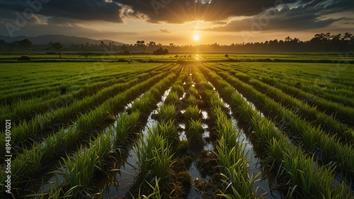 field or farm in sunset, AI Generated.