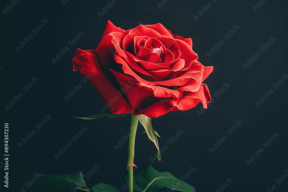 Single red rose on a plain black background. Vibrant petals and delicate curves. Passion and elegance in a minimalist composition. Single red rose on a plain black background. Vibrant petals and delicate curves. Passion and elegance in a minimalist composition.