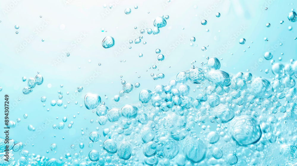 Oxygen bubbles in clear blue water, close-up. Mineral water. Water enriched with oxygen Oxygen bubbles in clear blue water, close-up. Mineral water. Water enriched with oxygen