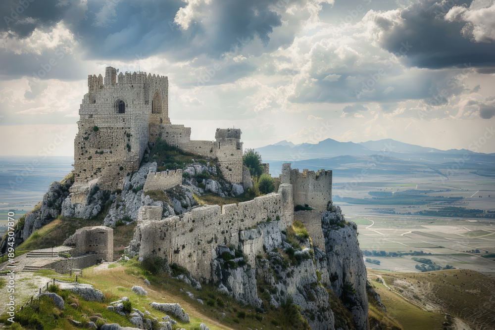 A formidable fortress castle perched on a hilltop, overlooking a vast landscape - Generative AI A formidable fortress castle perched on a hilltop, overlooking a vast landscape - Generative AI