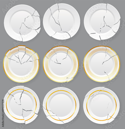 Broken white plates with varying degrees of damage and one whole plate mockup. Shattered food plate. Dishware with damage. Icon isolated on white background. Vector illustration