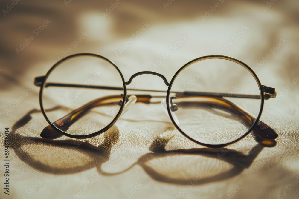 Old-fashioned spectacles on a plain beige background. Vintage frames and delicate lenses. Nostalgia and refinement in a minimalist composition. Old-fashioned spectacles on a plain beige background. Vintage frames and delicate lenses. Nostalgia and refinement in a minimalist composition.