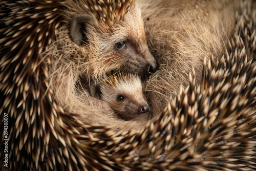 Wallpaper Mural A tender moment between a mother hedgehog and her baby, showing family dynamics and caring in the world of the hedgehog - Generative AI Torontodigital.ca