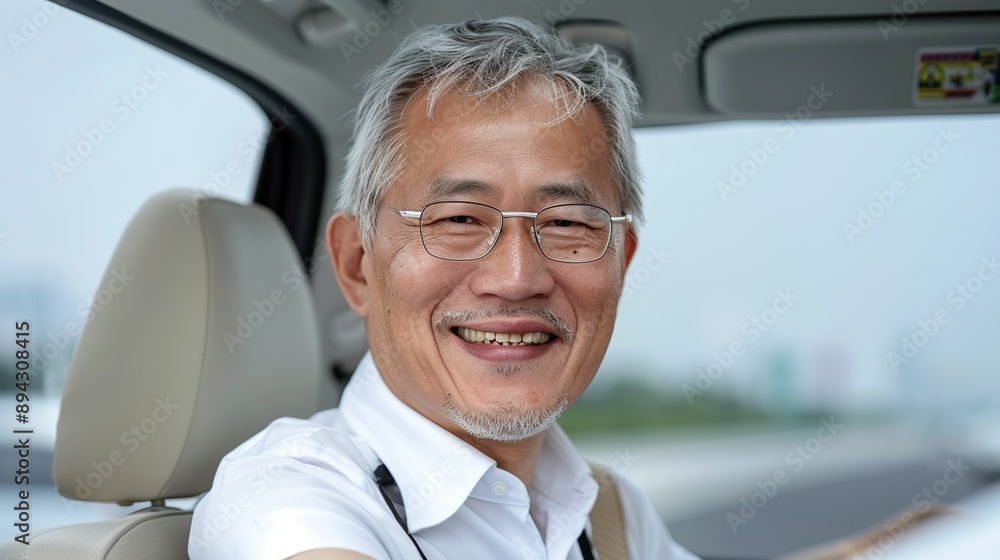 Realistic portrait of a smiling Southeast Asian taxi driver, beaming with joy and satisfaction, captured against a clear background, emphasizing his dedication and professional pride. Realistic Realistic portrait of a smiling Southeast Asian taxi driver, beaming with joy and satisfaction, captured against a clear background, emphasizing his dedication and professional pride. Realistic