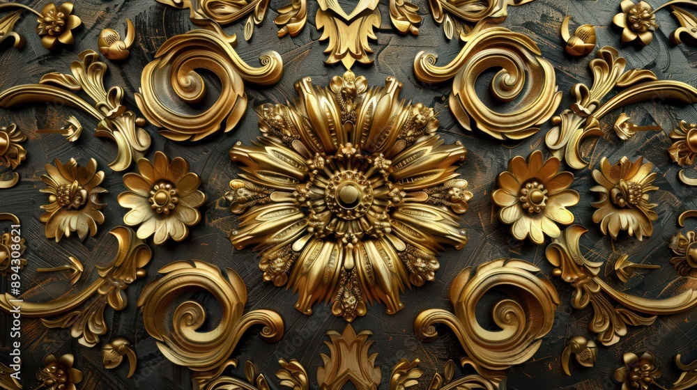 Intricate golden filigree on a textured background, showcasing detailed craftsmanship and artistic intricacy Intricate golden filigree on a textured background, showcasing detailed craftsmanship and artistic intricacy