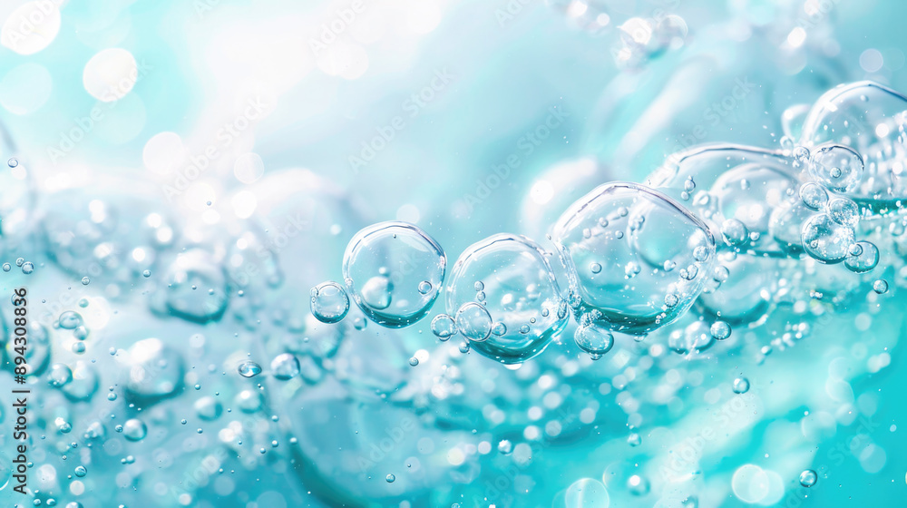 Oxygen bubbles in clear blue water, close-up. Mineral water. Water enriched with oxygen. Oxygen bubbles in clear blue water, close-up. Mineral water. Water enriched with oxygen.