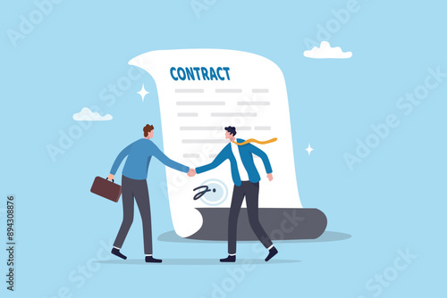 Employment contract agreement, corporate partnership document with signature, new employee signing contract, legal paperwork, recruitment document concept, businessman handshake with contract paper.