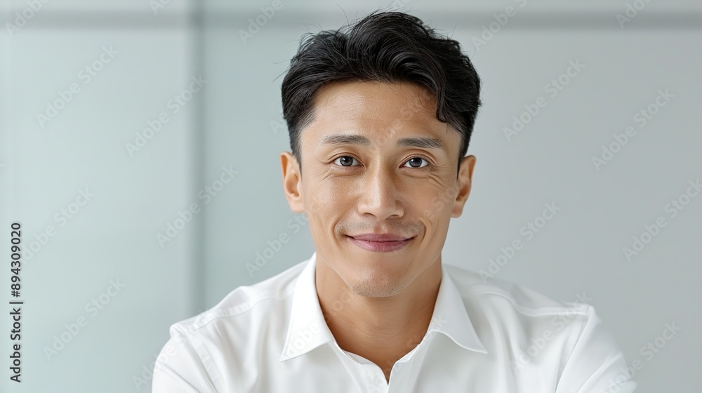 Realistic photograph of a joyful Southeast Asian technician, smiling brightly, set against a clear background, capturing his professional success and happiness. Realistic photo, Portrait , Minimalism, Realistic photograph of a joyful Southeast Asian technician, smiling brightly, set against a clear background, capturing his professional success and happiness. Realistic photo, Portrait , Minimalism,