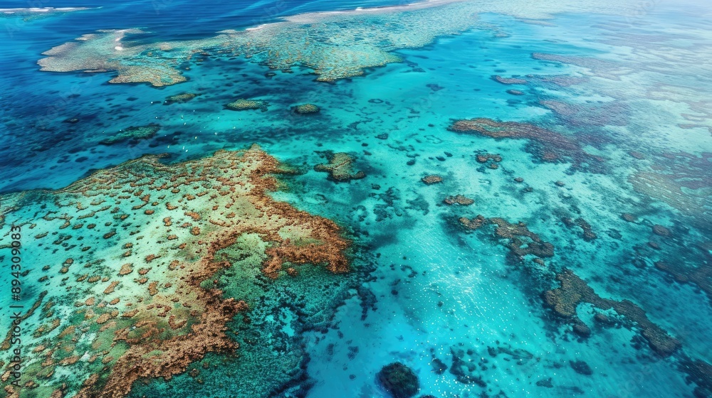 An aerial view of the Great Barrier Reef, showcasing its intricate coral formations and clear blue waters An aerial view of the Great Barrier Reef, showcasing its intricate coral formations and clear blue waters