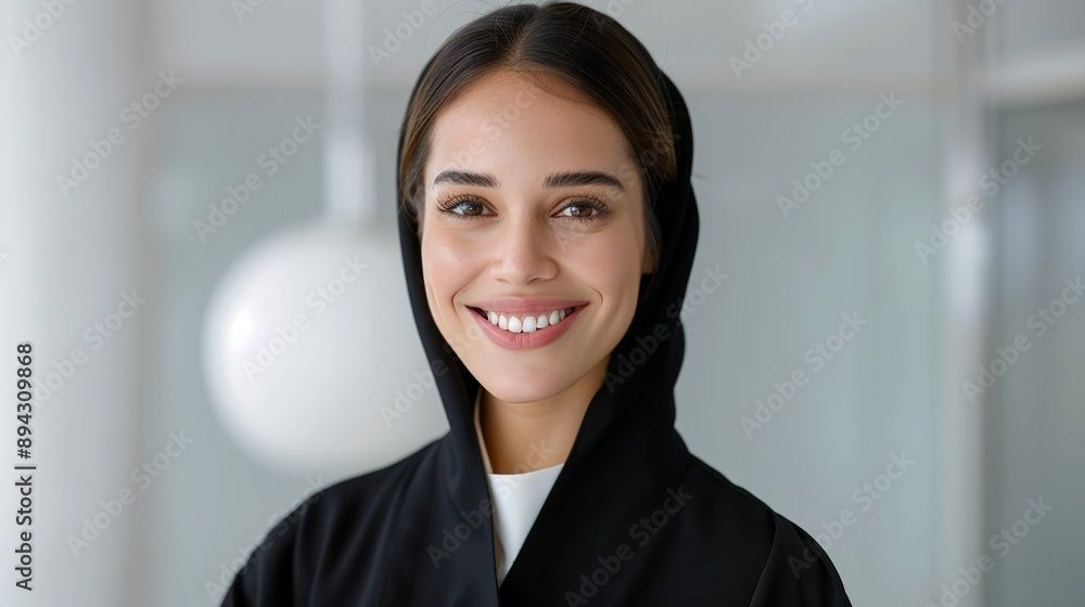 Realistic hyper-detailed portrait of a cheerful young Middle Eastern woman teacher smiling, radiating warmth and dedication to educating and inspiring her students. Background images that indicate Realistic hyper-detailed portrait of a cheerful young Middle Eastern woman teacher smiling, radiating warmth and dedication to educating and inspiring her students. Background images that indicate