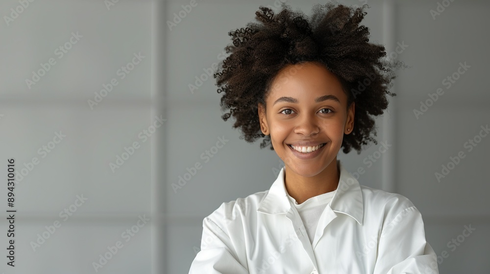 Realistic hyper-detailed portrait of a cheerful young African woman teacher smiling, her face beaming with passion and commitment to her role in shaping young minds. Background images that indicate Realistic hyper-detailed portrait of a cheerful young African woman teacher smiling, her face beaming with passion and commitment to her role in shaping young minds. Background images that indicate