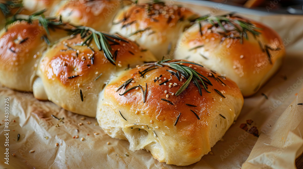 Baked buns with rosemary on a baking sheet Baked buns with rosemary on a baking sheet