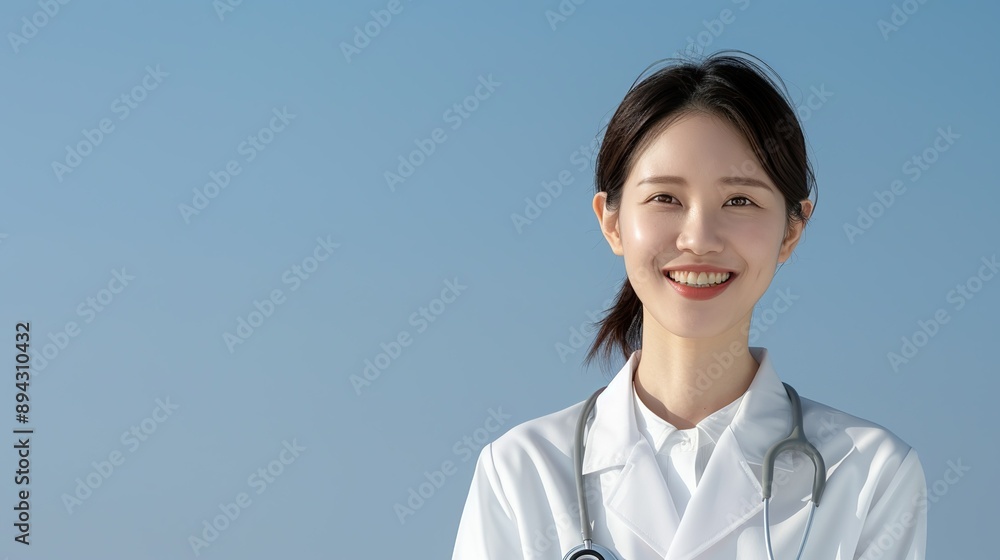 Realistic hyper-detailed portrait of a cheerful young Asian woman doctor smiling, highlighting her expertise and joy in delivering quality healthcare to her community. Background images that indicate Realistic hyper-detailed portrait of a cheerful young Asian woman doctor smiling, highlighting her expertise and joy in delivering quality healthcare to her community. Background images that indicate