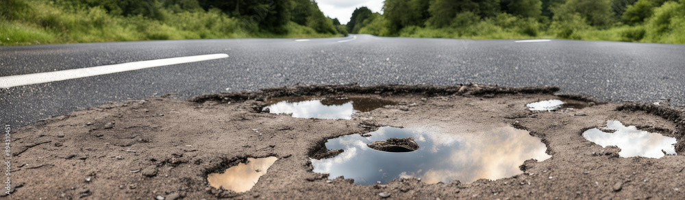 A social banner with a picture of potholes on the road. Problems of motorists. A social banner with a picture of potholes on the road. Problems of motorists.