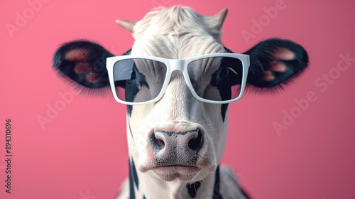 Close-up of a cow wearing white sunglasses against a pink background, creating a humorous and quirky impression.