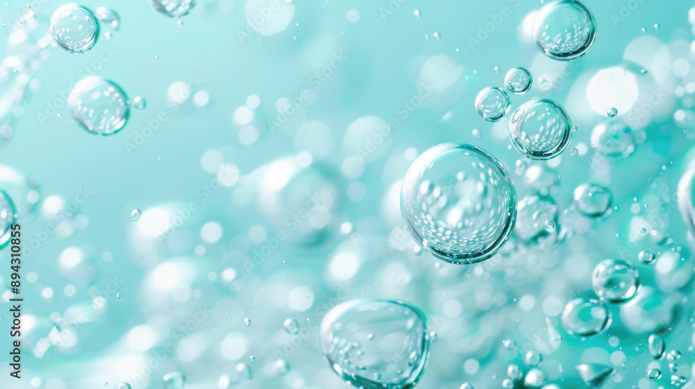 Oxygen bubbles in clear blue water, close-up. Mineral water. Water enriched with oxygen. Oxygen bubbles in clear blue water, close-up. Mineral water. Water enriched with oxygen.