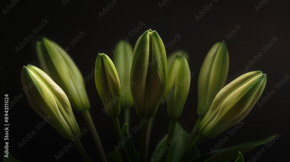 Lily buds, tightly closed in anticipation of their majestic blooms, symbolizing purity and renewal. Lily buds, tightly closed in anticipation of their majestic blooms, symbolizing purity and renewal.