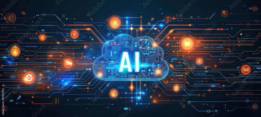 Fototapeta premium Digital AI Concept with Blue and Silver Circuits