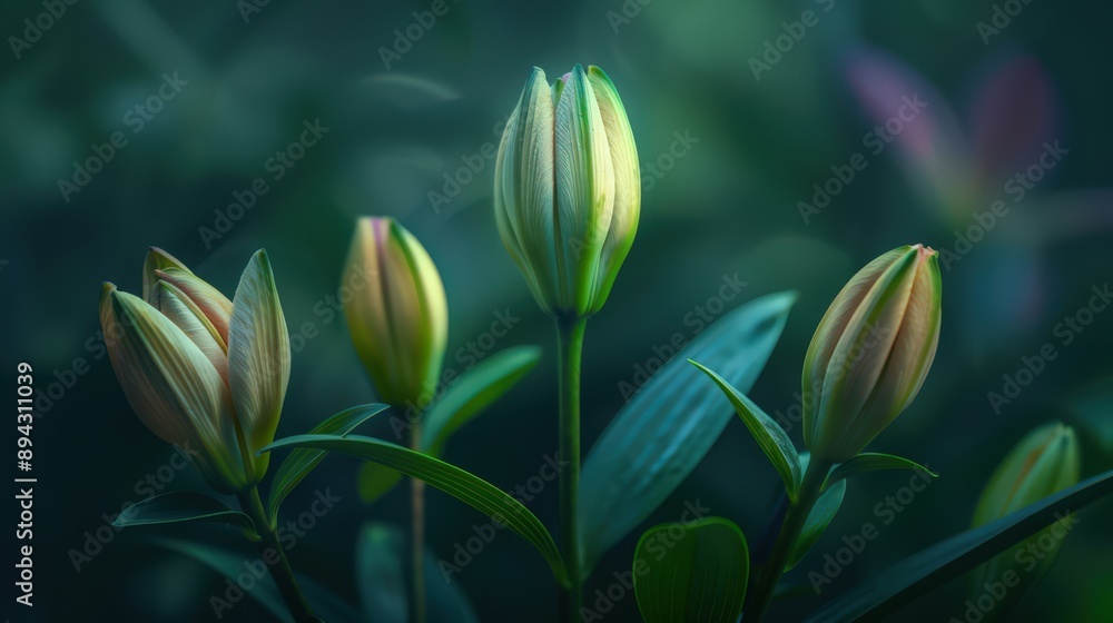 Lily buds, tightly closed in anticipation of their majestic blooms, symbolizing purity and renewal. Lily buds, tightly closed in anticipation of their majestic blooms, symbolizing purity and renewal.