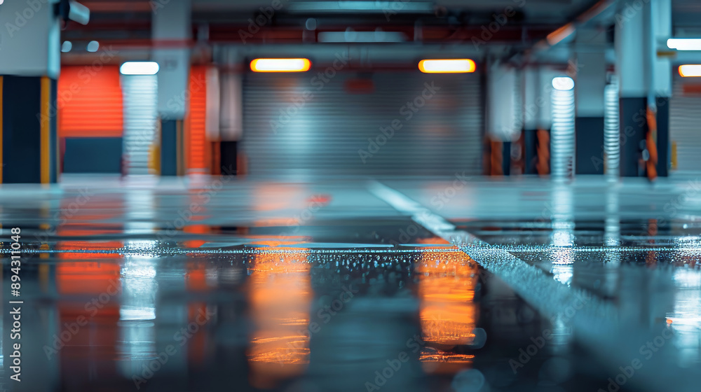 Garage with blurry, brightly lit background Garage with blurry, brightly lit background
