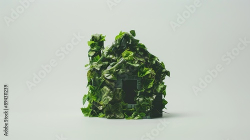 Eco-friendly house figurine crafted from green leaves on a white background, representing sustainable living and environmental awareness with ample copy space for text photo