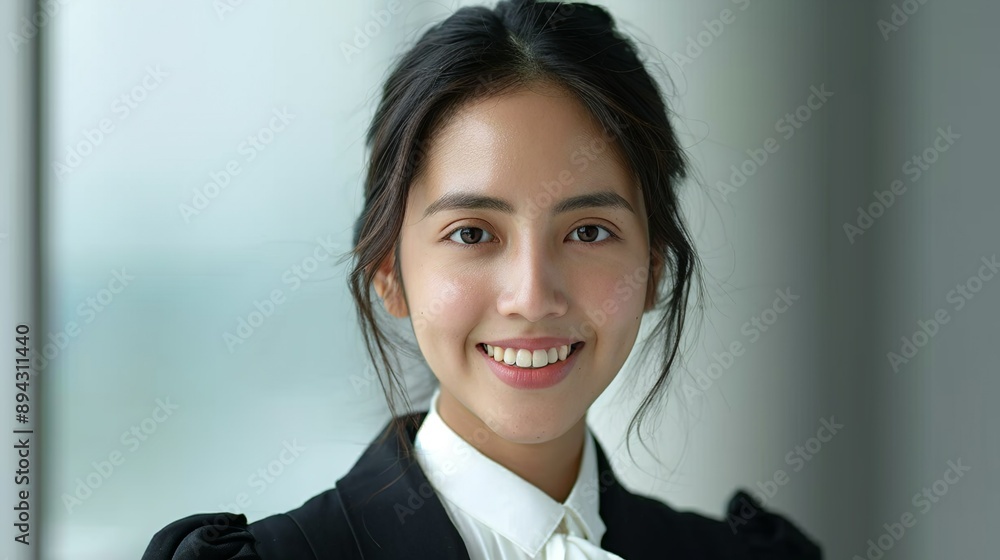 Realistic hyper-detailed portrait of a cheerful young South American woman lawyer smiling, showcasing her skill and dedication to achieving justice and legal fairness. Background images that indicate Realistic hyper-detailed portrait of a cheerful young South American woman lawyer smiling, showcasing her skill and dedication to achieving justice and legal fairness. Background images that indicate