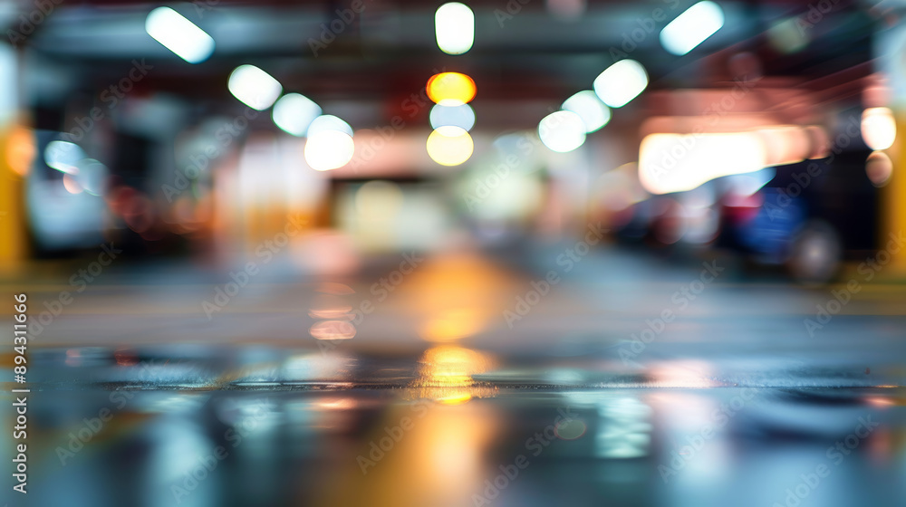 Garage with blurry, brightly lit background Garage with blurry, brightly lit background