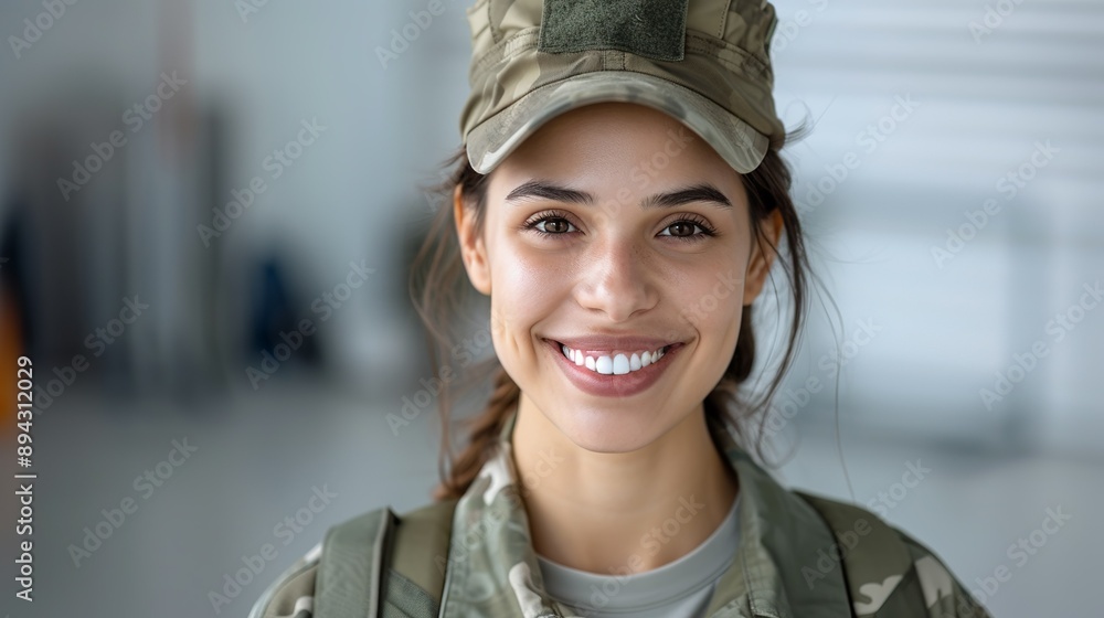 Realistic hyper-detailed portrait of a cheerful young South American woman soldier smiling, showcasing her strength and pride in serving and protecting her homeland. Background images that indicate Realistic hyper-detailed portrait of a cheerful young South American woman soldier smiling, showcasing her strength and pride in serving and protecting her homeland. Background images that indicate