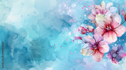 Luxury design with flowers and turquoise watercolor splash