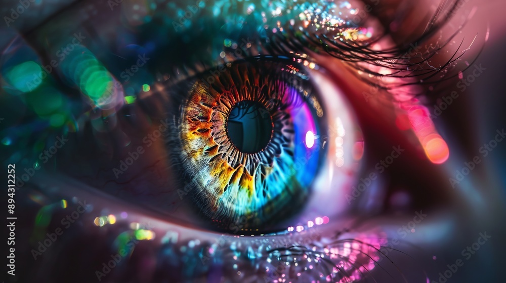 Naklejka premium Multicolored iris of the eye animation concept with rainbow lines scattering from a bright binary circle, forming a volumetric human eye illustration