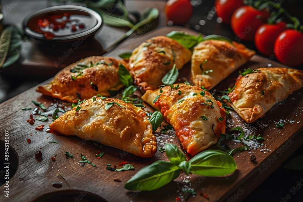 Freshly baked empanadas garnished with herbs on a wooden board, surrounded by tomatoes and spices. Freshly baked empanadas garnished with herbs on a wooden board, surrounded by tomatoes and spices.