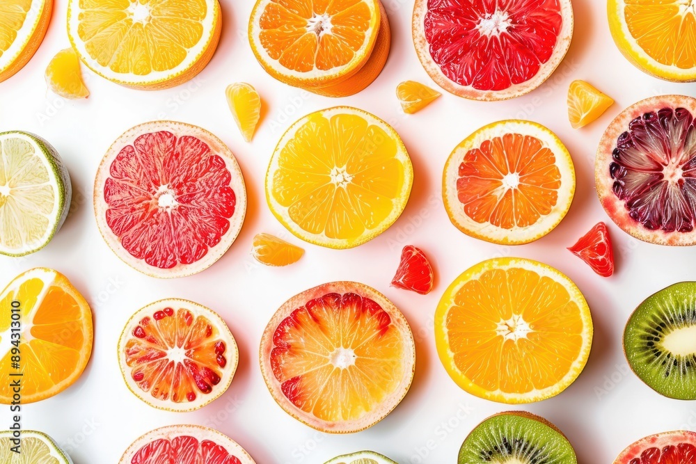 Bright assorted citrus fruit slices on white Bright assorted citrus fruit slices on white
