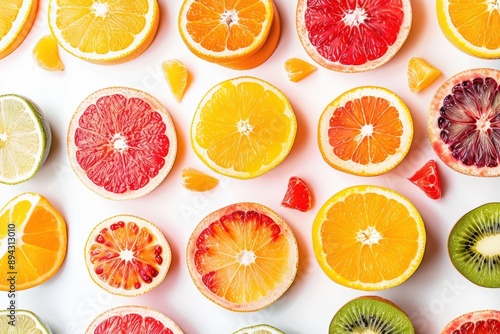 Bright assorted citrus fruit slices on white