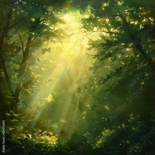 Golden sunlight beams pierce through a lush forest, painting the green canopy in ethereal hues.